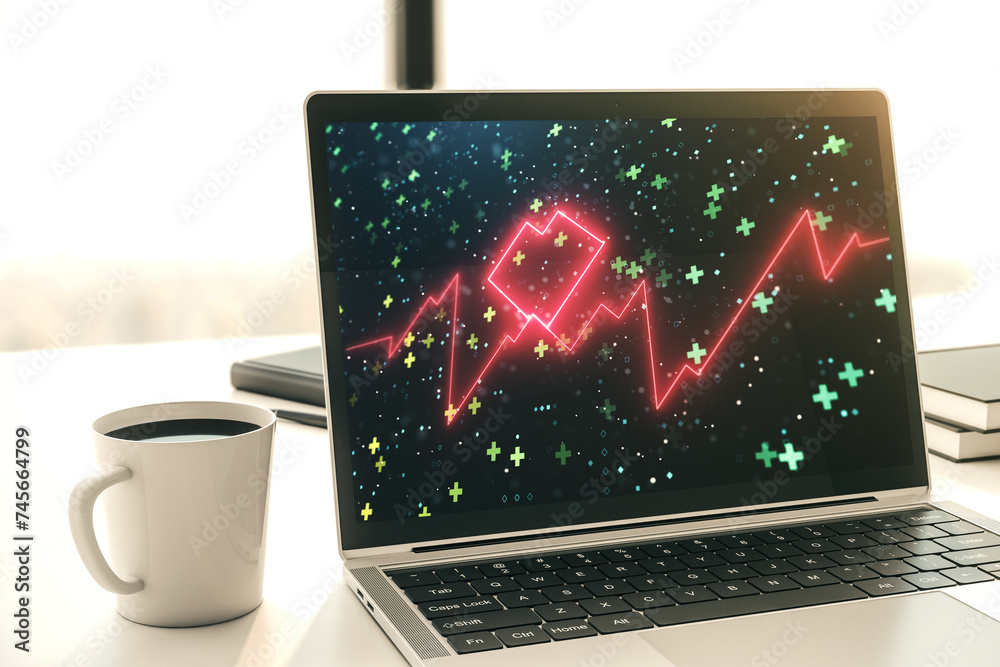 Poster Creative abstract heart pulse hologram on modern computer monitor, online medical consulting concept. 3D Rendering