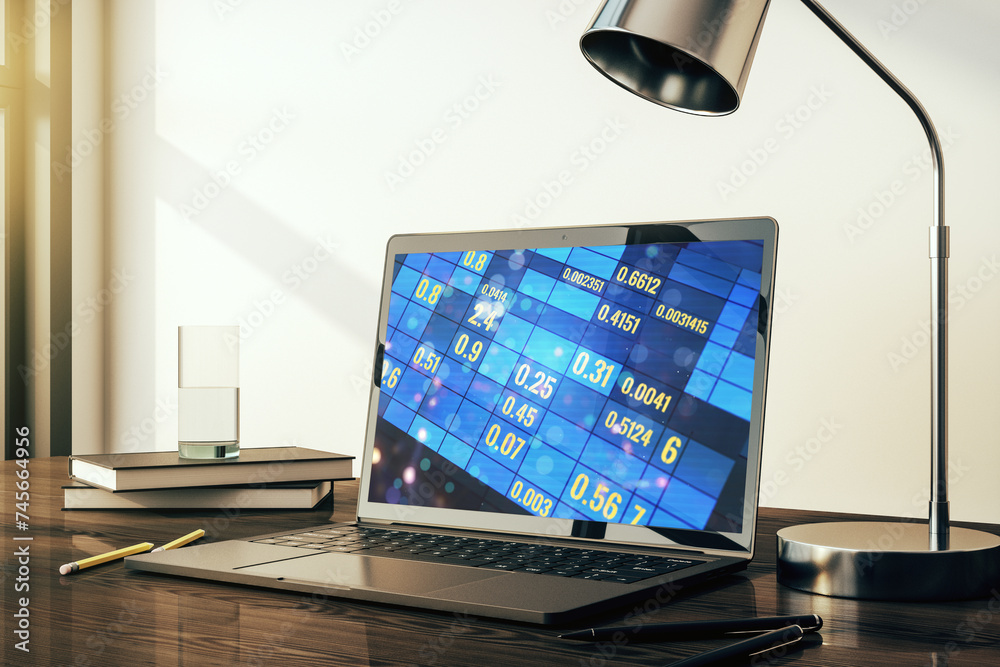 Fototapete modern computer monitor with abstract statistics data hologram interface, computing and analytics co