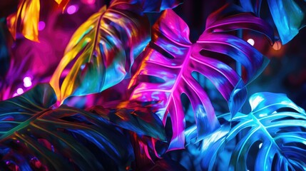 Large tropical leaves in neon colors. Creative fluorescent picture of exotic leaves.The concept of nature. - obrazy, fototapety, plakaty