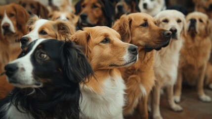 dogs waiting in line for obedience trial outdoors
