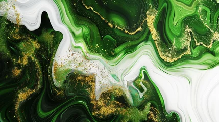 Gordijnen marble texture with abstract green, white, glitter and gold background alcohol ink colors © usman