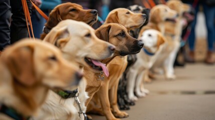 dogs waiting in line for obedience trial outdoors