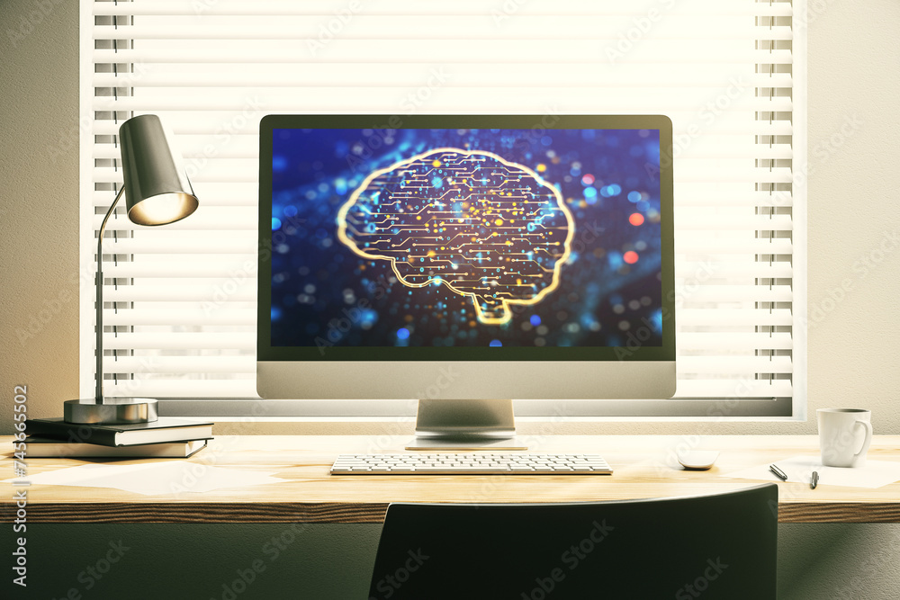 Aufkleber creative artificial intelligence concept with human brain sketch on modern laptop monitor. 3d render