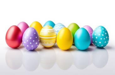 Easter eggs in a basket and on the table, white card, space for text