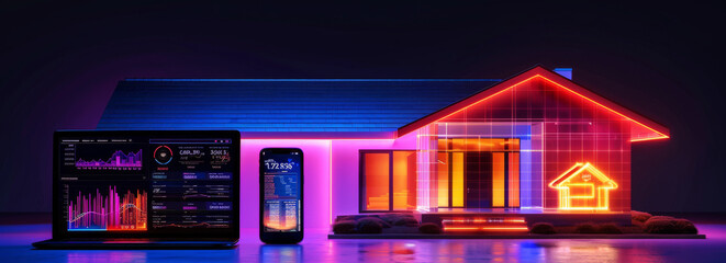 Smart Home Concept with Neon Lights.
A conceptual depiction of a smart home illuminated with neon lights and digital analytics.
