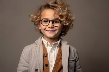 Portrait of a cute little boy with blond curly hair wearing glasses