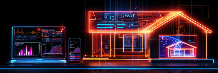 Cybernetic Home Automation Display.
Cyber-style visualisation of home automation systems with neon outlines and digital displays.