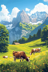 A drawing with the alpine landscape with mountains, blue sky and cows in the meadow. Panorama with mountain summer landscape.