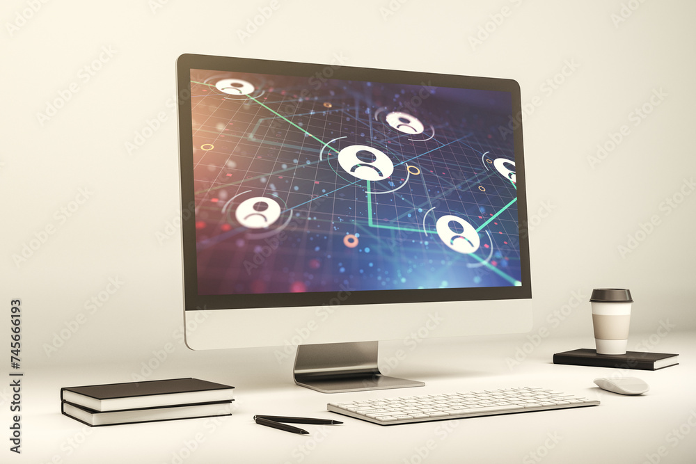 Poster social network concept on modern laptop screen. 3d rendering