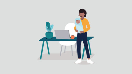 Vektor-Illustration einer Frau mit einem Baby, die entspannt im Home-Office arbeitet - Business-Konzept