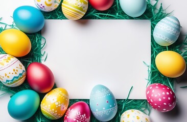 Easter eggs in a basket and on the table, white card, space for text