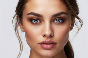 Naklejka premium A striking portrait of a young model with vivid blue eyes and flawless complexion