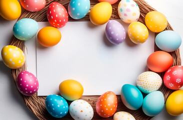 Easter eggs in a basket and on the table, white card, space for text