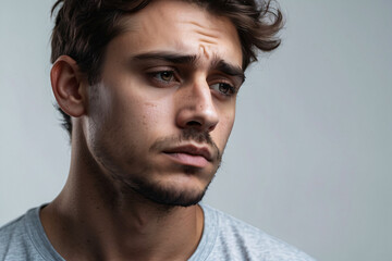Fototapeta premium A pensive-looking young man displays a thoughtful expression in a close-up against a grey backdrop