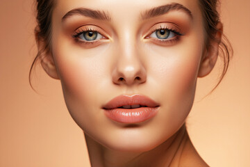 Fototapeta premium A glamorously subtle portrait showcasing a woman's flawless complexion and refined makeup