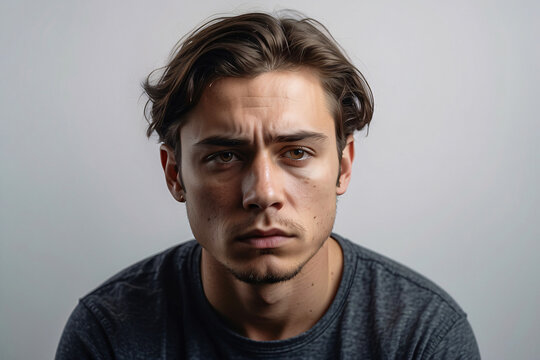 A young man with tousled hair and a stubble gives an intense look against a dark background