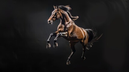 Horse jump on a black background. Flying animal.