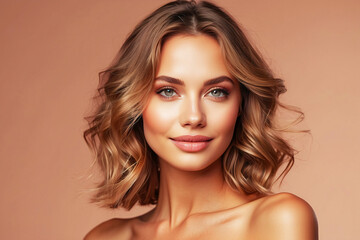 Fototapeta premium A beaming blonde woman with a stylish makeup look poses against a peach background