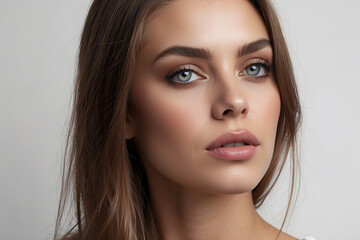 Naklejka premium A young woman with striking blue eyes and subtle makeup poses against a white background