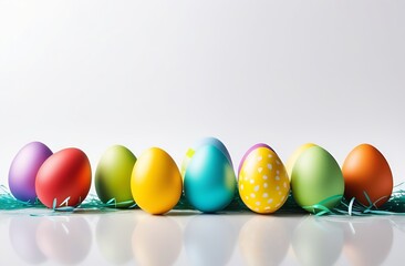 Easter eggs in a basket and on the table, white card, space for text