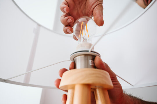 Electrician Installing Light Bulb In Electric Lamp At Home