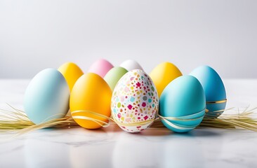 Easter eggs in a basket and on the table, white card, space for text