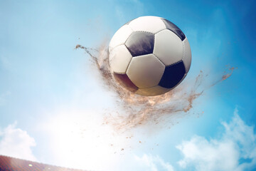 Soccer ball flies in the air from a kick, traces of trajectory, Dark background isolate.
