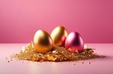 Easter golden eggs on pink background greeting card