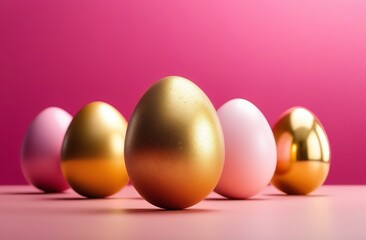 Easter golden eggs on pink background greeting card