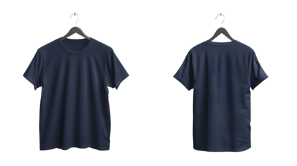 Blank navy blue t-shirt mockup, front and back view on white background