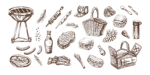 Set of hand-drawn sketches of barbecue and picnic elements. For the design of the menu of restaurants and cafes, grilled food. Doodle vintage illustration. Engraved image.