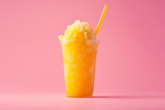 A refreshing yellow slushie in a clear plastic cup with a yellow straw against a pink background
