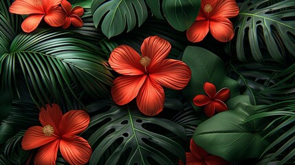 tropical paradise of lush green foliage and vibrant red flowers for nature-inspired designs