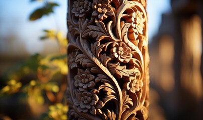 wooden pole with natural carvings, plant and flower