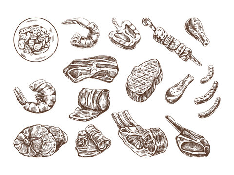 Set of hand-drawn sketches of different types of meat, steaks, shrimp, chicken, grilled vegetables, barbecue. Doodle vintage illustration. Engraved image.
