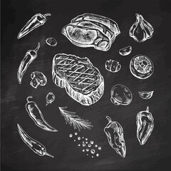 Set of hand-drawn sketches of barbecue elements on chalkboard background. For design of menu, grilled food. Pieces of meat and vegetables with seasonings.