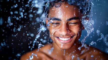 Fototapeta na wymiar A young male model with dark skin and black hair, smiling while being splashed with water in a closeup shot. The background is a deep blue gradient