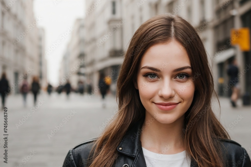 Wall mural young beautiful hipster woman smiling and looking at the camera. street style fashion concept.