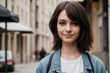 Young beautiful hipster woman smiling and looking at the camera. Street style fashion concept.