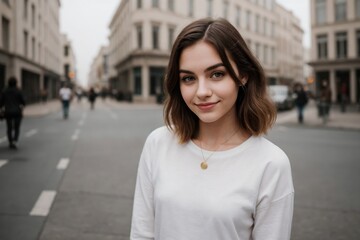Fototapeta premium Young beautiful hipster woman smiling and looking at the camera. Street style fashion concept.