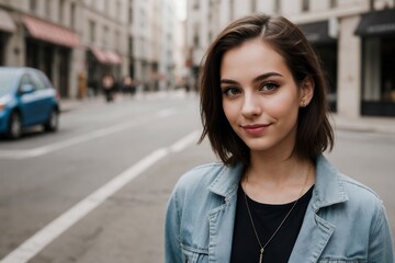 Young beautiful hipster woman smiling and looking at the camera. Street style fashion concept.
