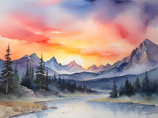 Beautiful sunrise at the mountain watercolor painting background