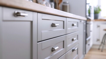 Stylish light gray handles on cabinets close-up, kitchen interior with modern furniture and stainless steel appliances. kitchen design in scandinavian style.