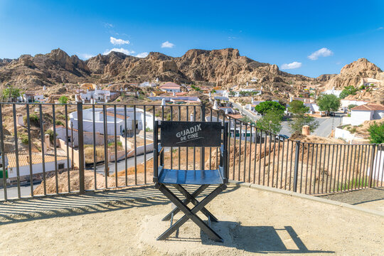 Directors's Cair at Viewpoint in Guadix, Spain. Guadix caves houses , was the way of life deeply rooted in the north of the province of Granada since the 16th century