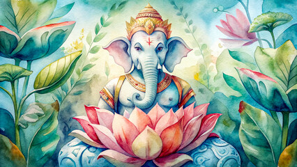 Watercolor painting of Hindu god Ganesha and lotus flower on blue background.