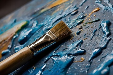 Fototapeta premium The Dance of Creation: Brushes, Palette, and the Birth of a Blue Masterpiece, generative AI