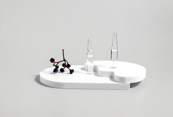 Medical ampoules and elderberry fruits on a gray background