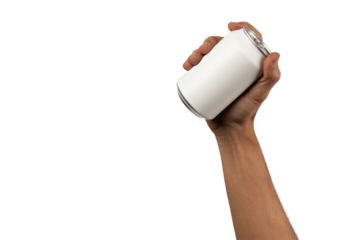 Black male hand holding a white drinking aluminium can isolated, no background.