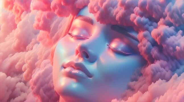 Dreamy 3D render of a head cradled by clouds a fluffy and surreal illustration that evokes a sense of peace