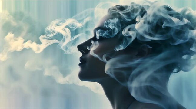 Human head profile with fog swirling around transitioning into clear skies symbolizing overcoming mental blocks